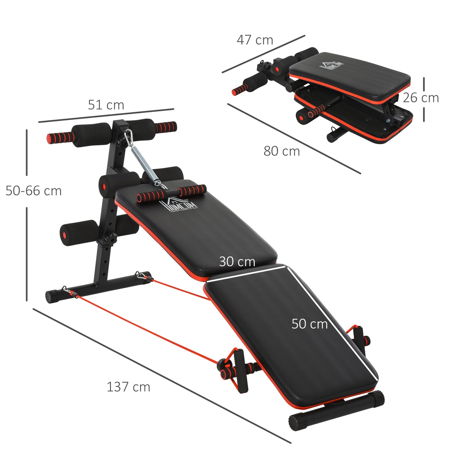Sit Up Bench Core Workout Adjustable Thigh Support Foldable For Home Gym W/ Arm Pulling Rope Black