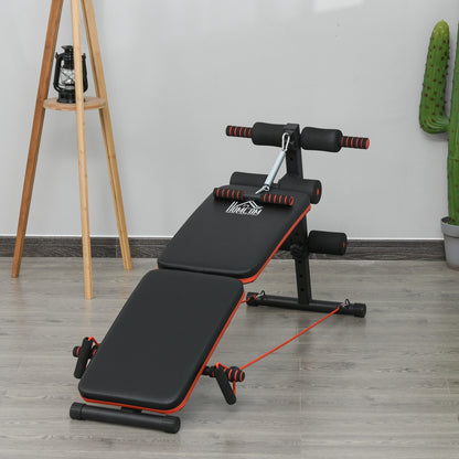 Sit Up Bench Core Workout Adjustable Thigh Support Foldable For Home Gym W/ Arm Pulling Rope Black