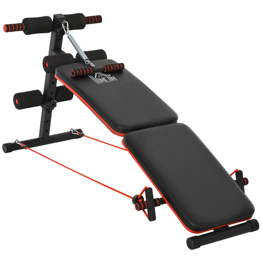 Sit Up Bench Core Workout Adjustable Thigh Support Foldable For Home Gym W/ Arm Pulling Rope Black